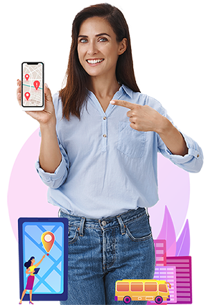 Woman holding a mobile phone showing the route tracking